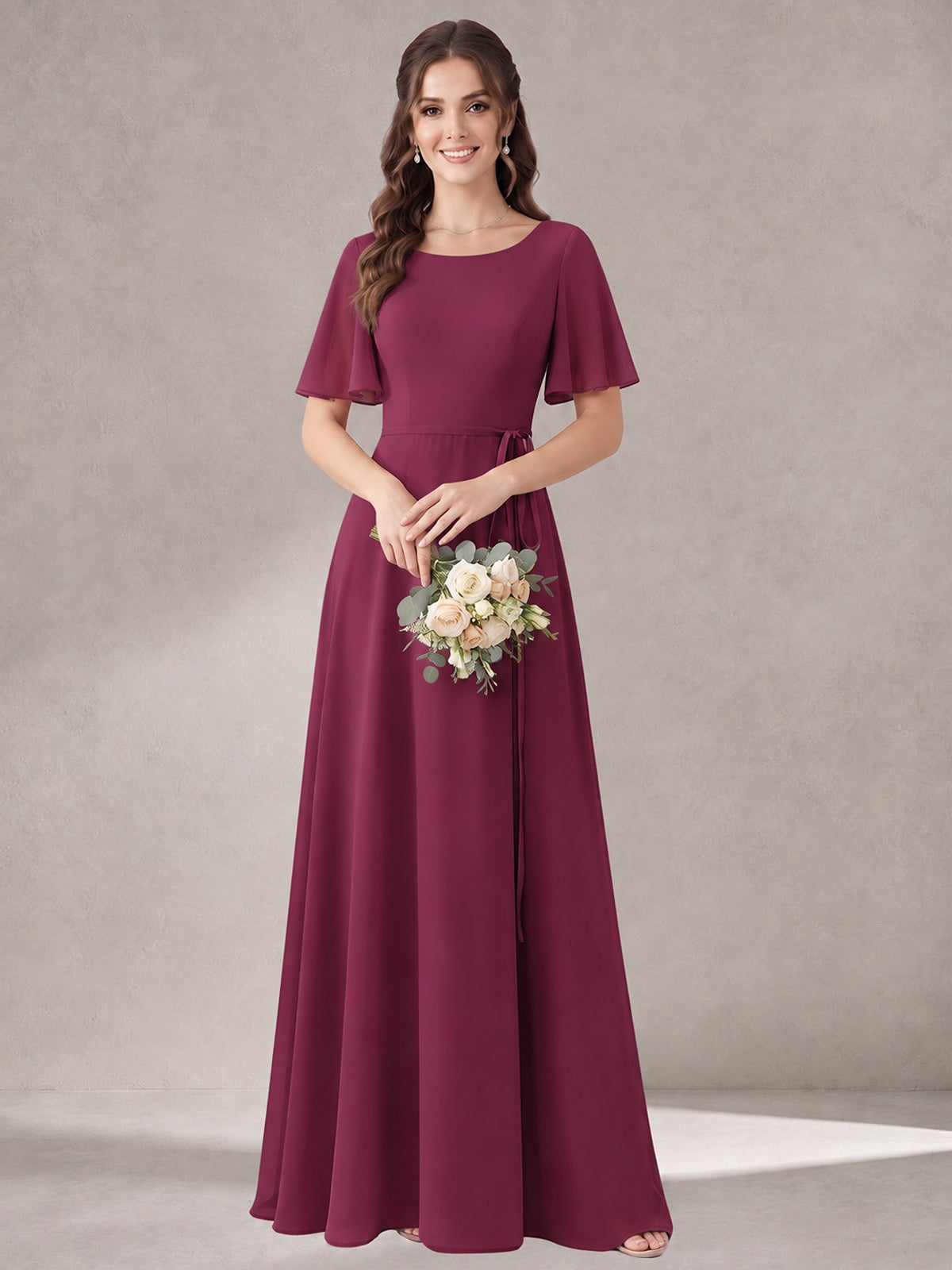 Scoop Neck A-line Chiffon Bridesmaid Dress with Flutter Sleeve & Belt