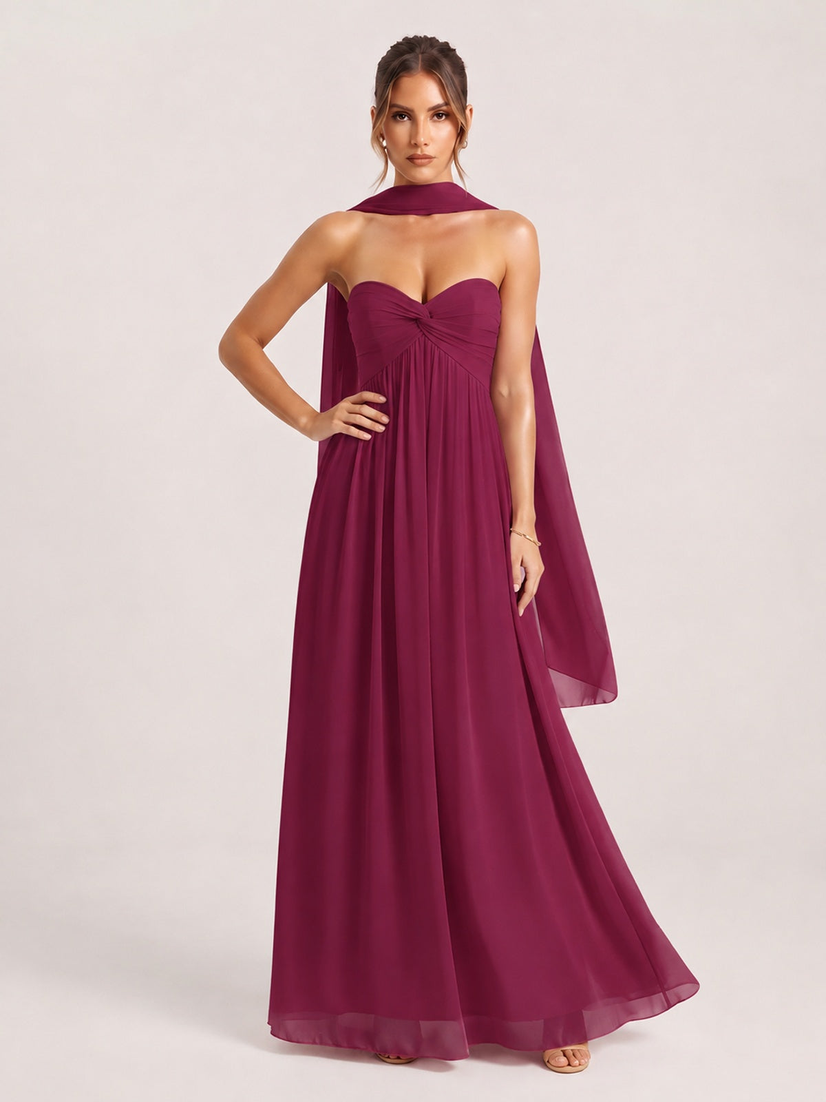 Strapless Ruched Chiffon Long Prom Dress with Scarf