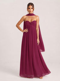 Strapless Ruched Chiffon Long Prom Dress with Scarf