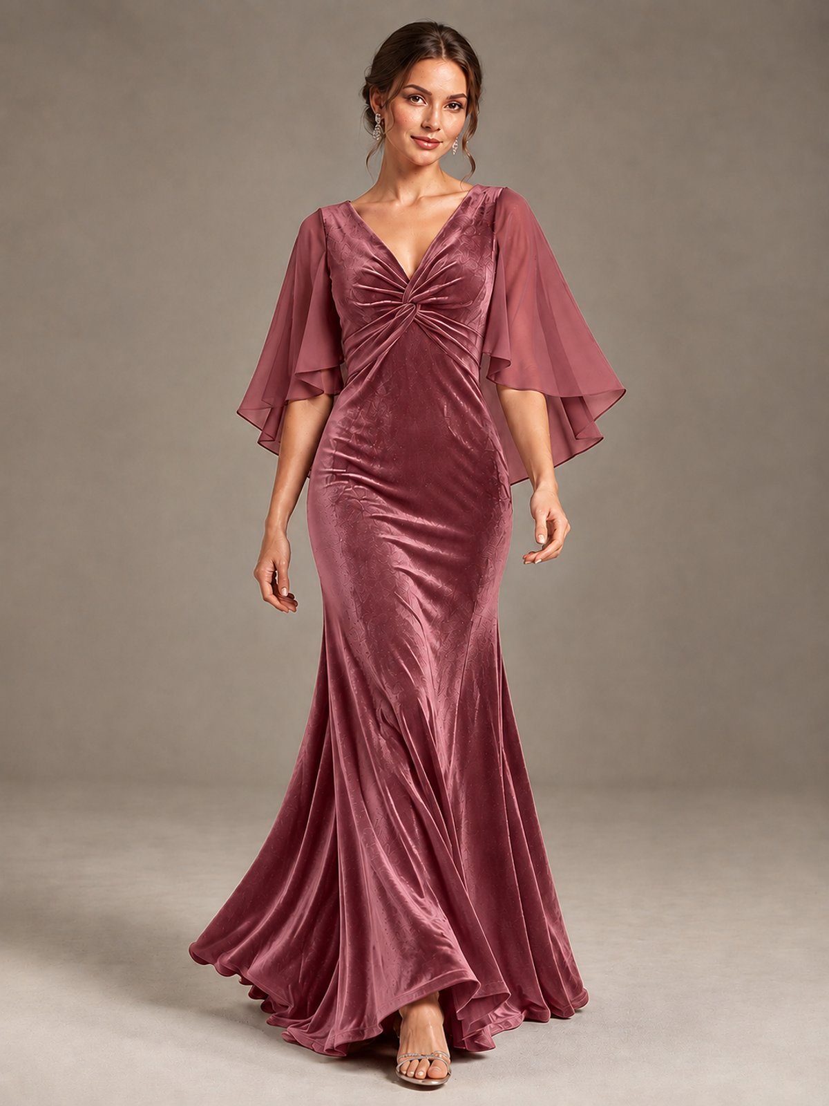 Navy Blue Velvet V Neck Mermaid Formal Dress with Flutter Cape Sleeves