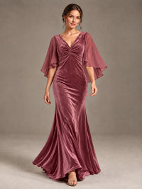 Navy Blue Velvet V Neck Mermaid Formal Dress with Flutter Cape Sleeves