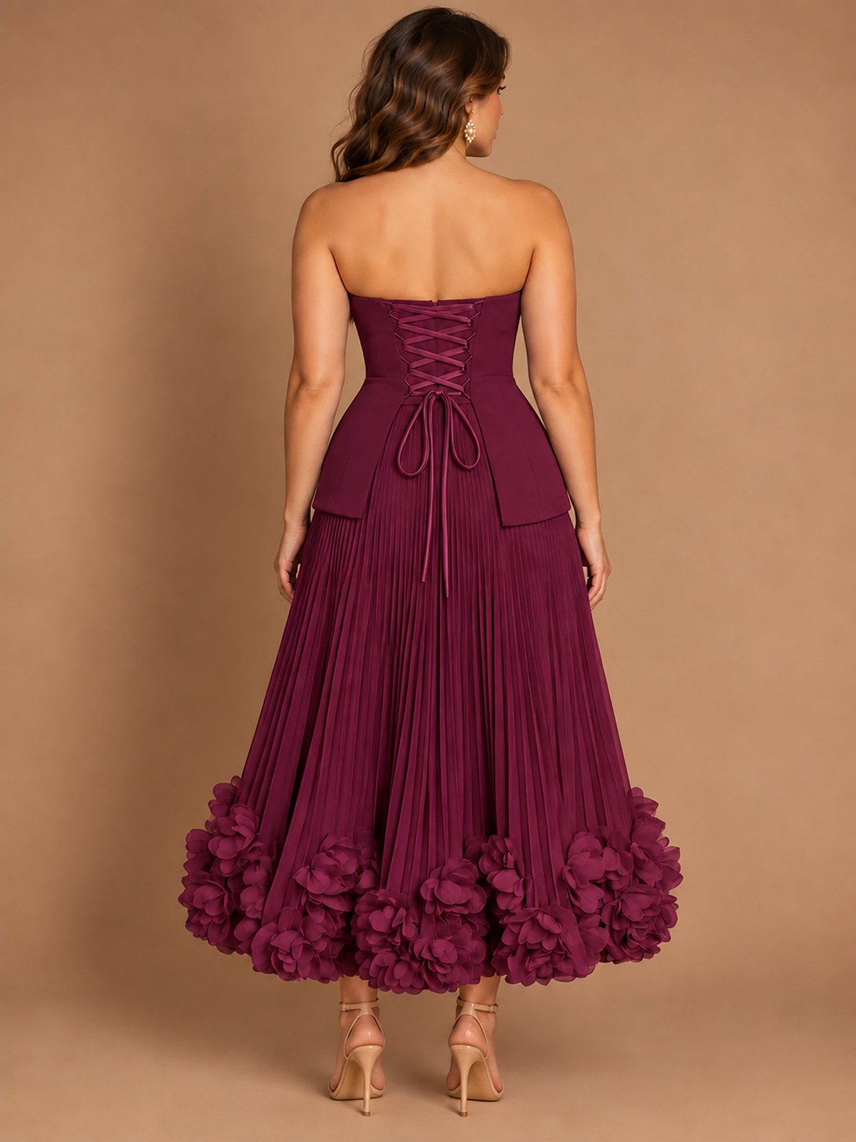 Navy Blue Strapless Pleated A-Line Midi Dress with 3D Floral Applique
