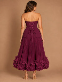 Navy Blue Strapless Pleated A-Line Midi Dress with 3D Floral Applique