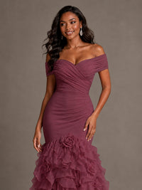 Pink Off-the-Shoulder Mermaid Prom Dress with Ruffles 3D Flowers