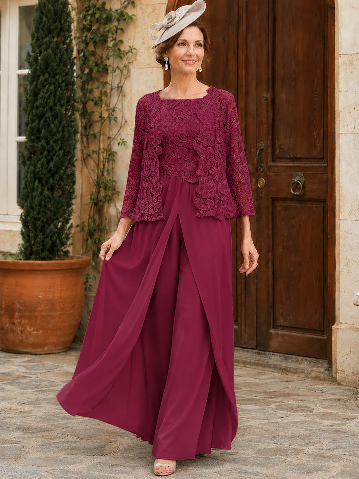 Elegant 3-Piece Chiffon Mother of the Bride Pantsuit with Floral Applique Jacket