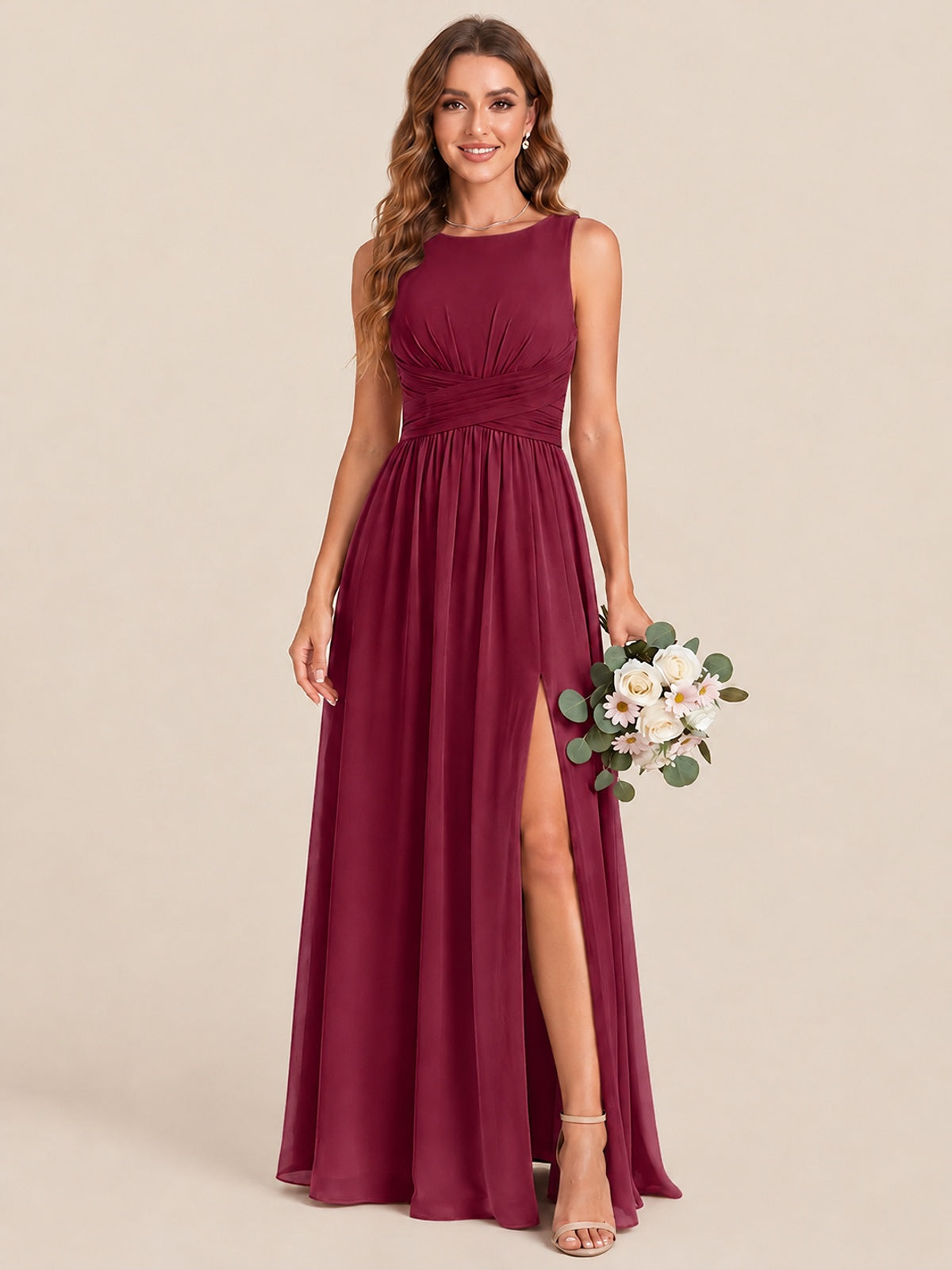A-line Sleeveless Rucehd Chiffon Bridesmaid Dress with High Slit