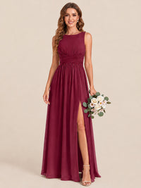 A-line Sleeveless Rucehd Chiffon Bridesmaid Dress with High Slit