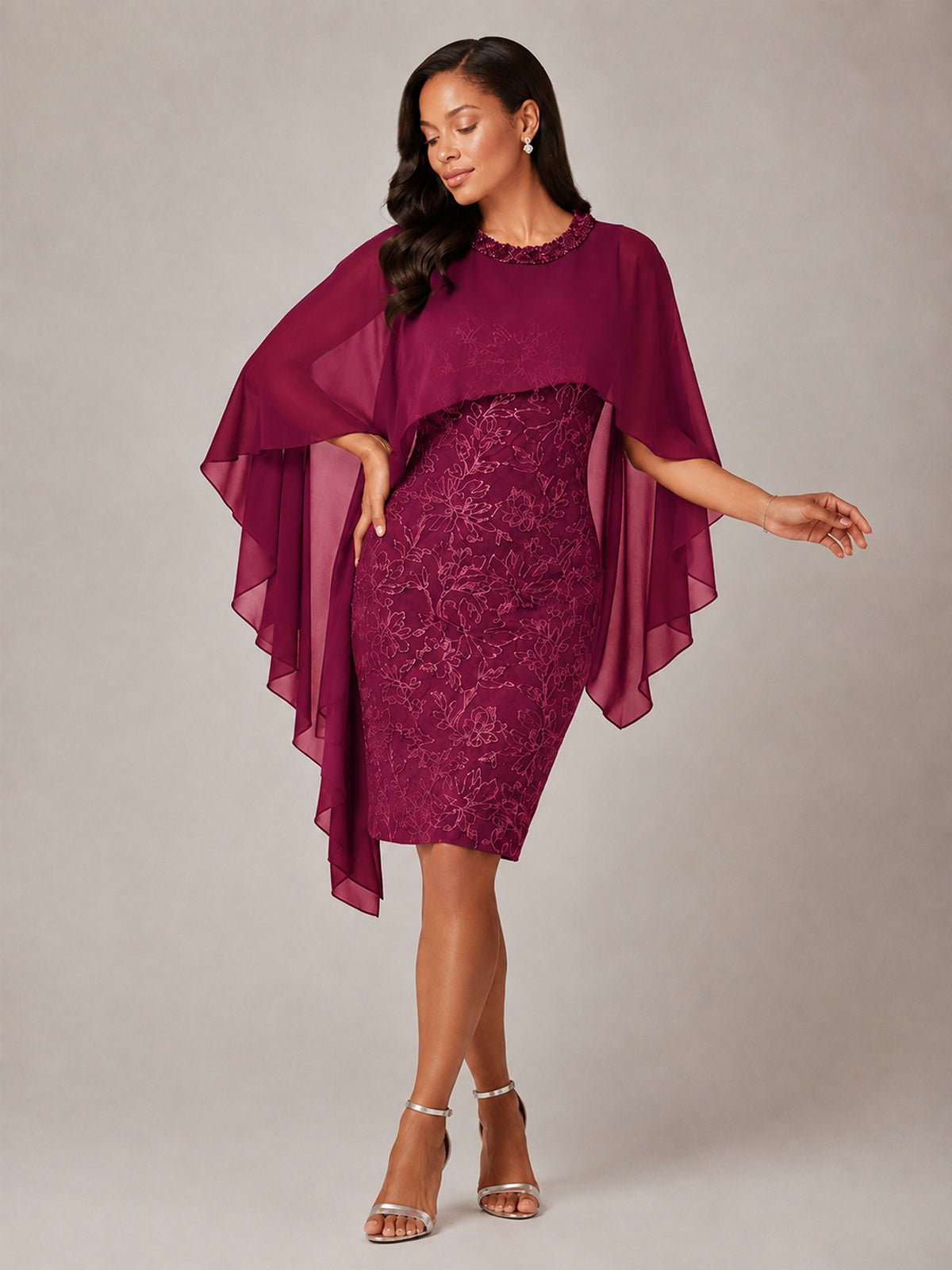 Floral Sheath Mother of the Bride Dress with Cape Overlay