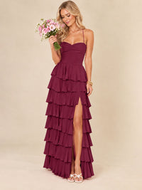 Ruffled Tiered Chiffon Prom Dress Spaghetti Straps Formal Maxi Dress with Slit