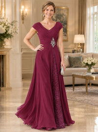 Pleated Chiffon Lace Mother of The Bride Dresses with Beading Cap Sleeves