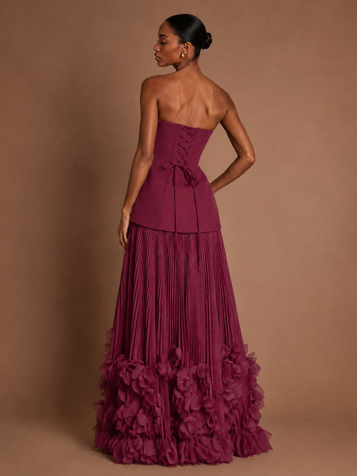 Strapless Pleated Floral Satin Formal Dress with Side Slit
