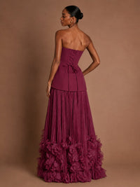 Strapless Pleated Floral Satin Formal Dress with Side Slit