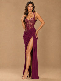 Sweetheart Halter Prom Dress Pleated Lace Floral Formal Dress with Slit
