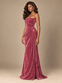 Burgundy Velvet Strapless Ruched Prom Dress with Jeweled Side Drape