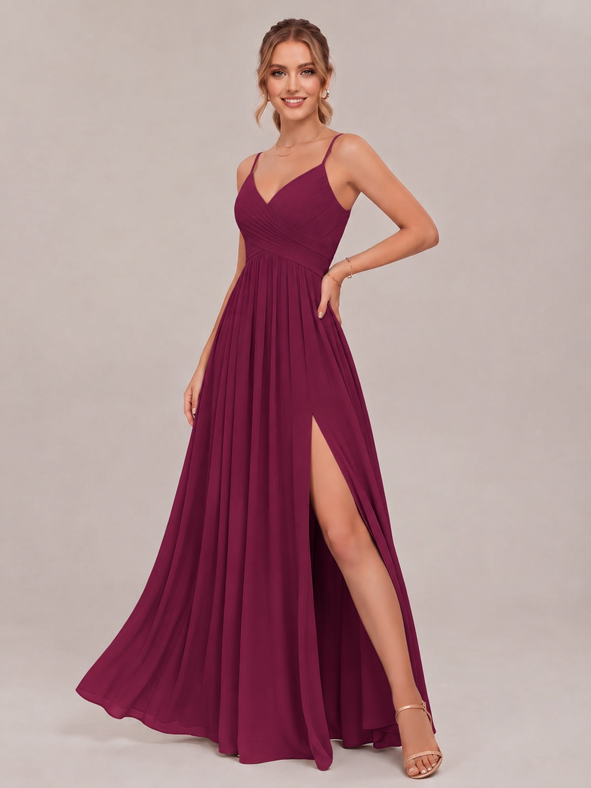 V-Neck Pleated Chiffon Long Bridesmaid Dress with Slit