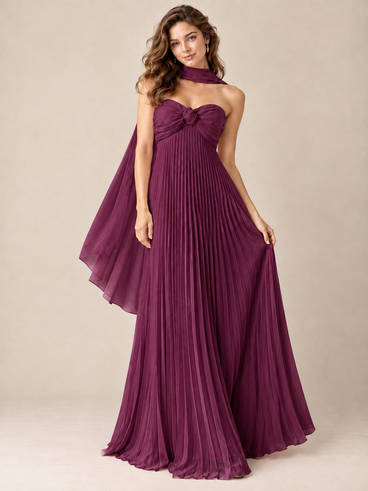 Sweetheart Neckline Pleated Prom Dress Strapless A-line Formal Dress with Flowy Scarf
