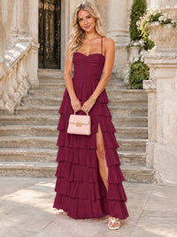 Ruffled Tiered Chiffon Prom Dress Spaghetti Straps Formal Maxi Dress with Slit