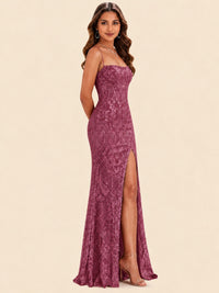 Sequin Lace Appliques Mermaid Prom Dress Spaghetti Strap Formal Gowns with Slit