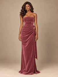 Burgundy Velvet Strapless Ruched Prom Dress with Jeweled Side Drape