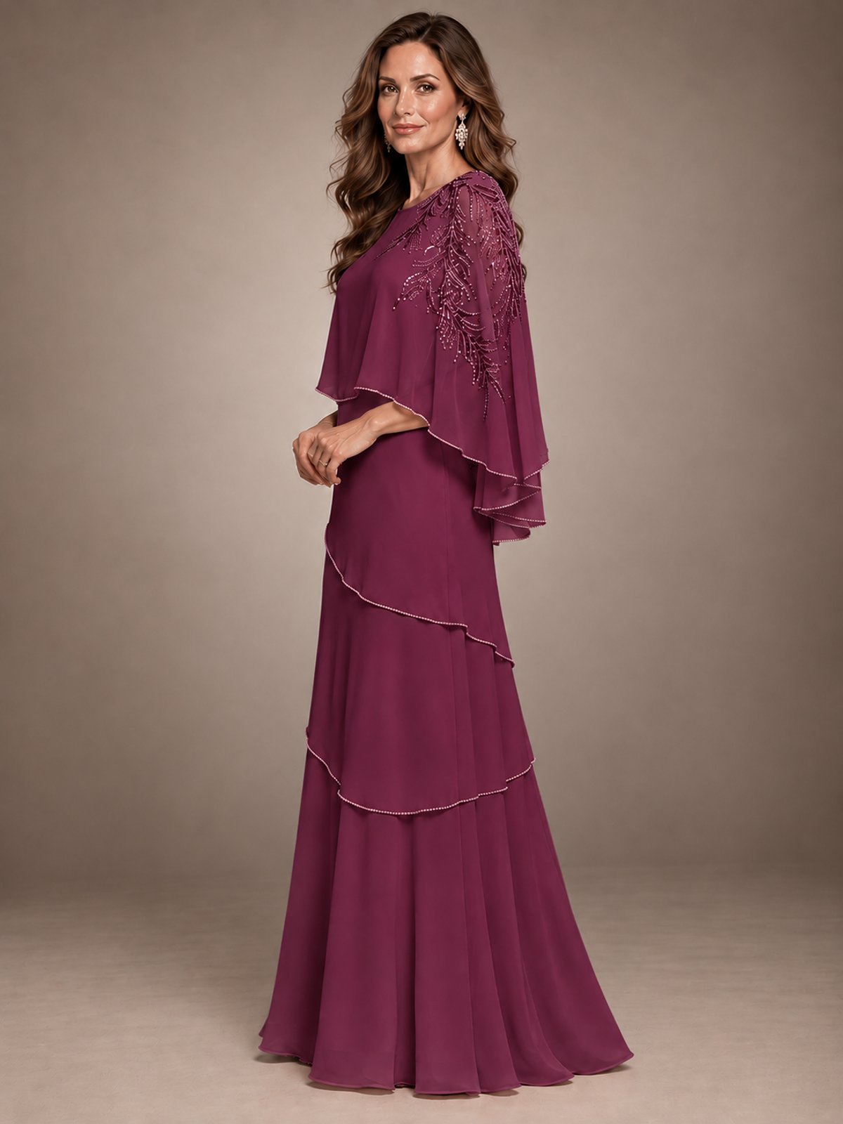Elegant Chiffon Cape Sleeve Beaded Mother of the Bride Dress