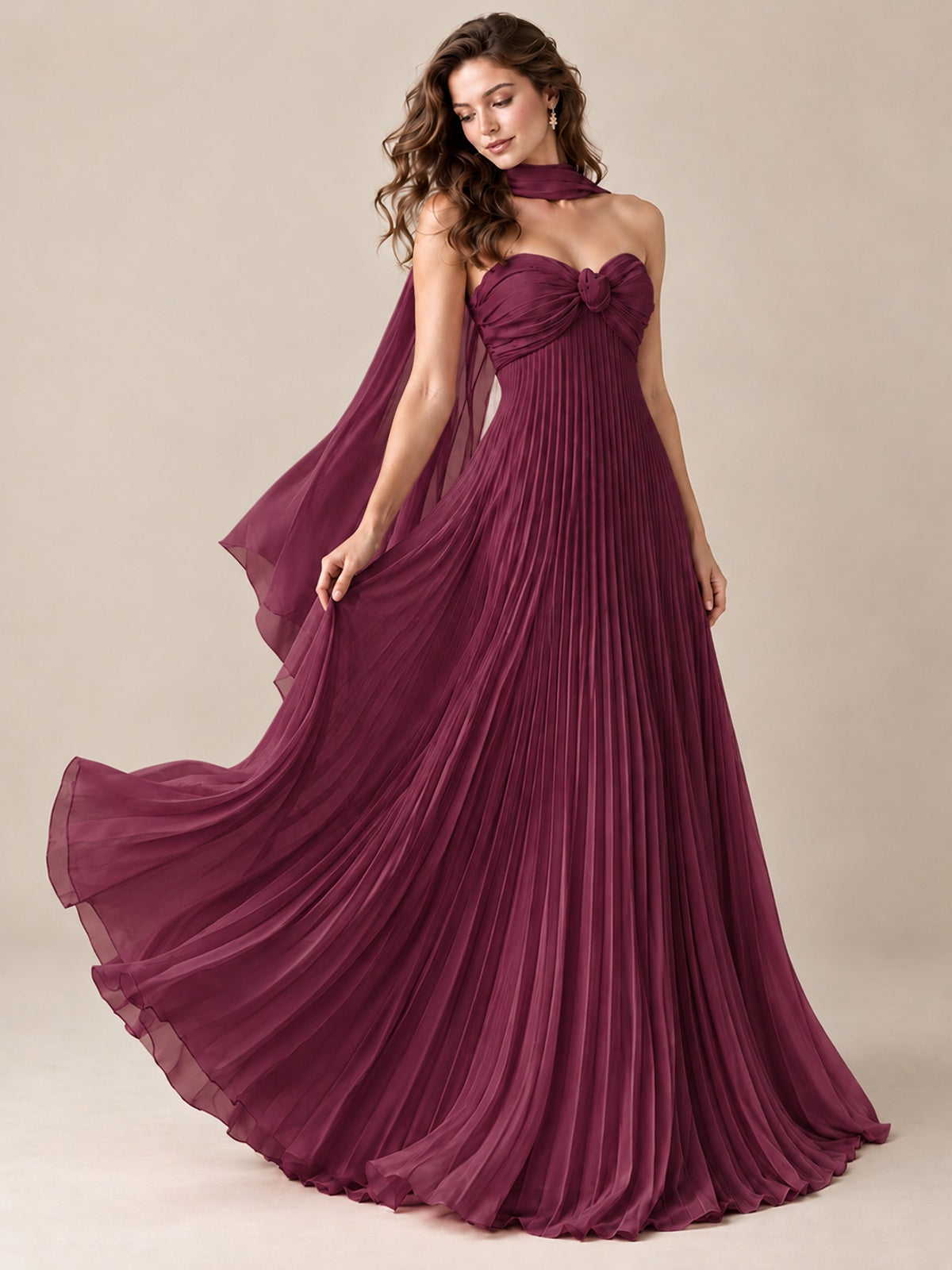 Sweetheart Neckline Pleated Prom Dress Strapless A-line Formal Dress with Flowy Scarf