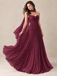 Sweetheart Neckline Pleated Prom Dress Strapless A-line Formal Dress with Flowy Scarf