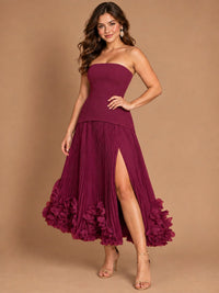 Navy Blue Strapless Pleated A-Line Midi Dress with 3D Floral Applique