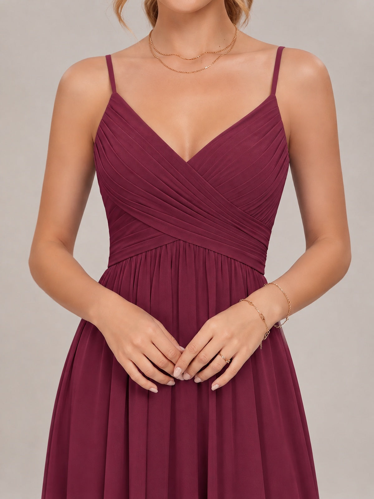 V-Neck Pleated Chiffon Long Bridesmaid Dress with Slit