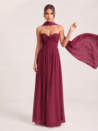 Strapless Ruched Chiffon Long Prom Dress with Scarf