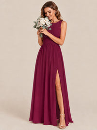 A-line Sleeveless Rucehd Chiffon Bridesmaid Dress with High Slit
