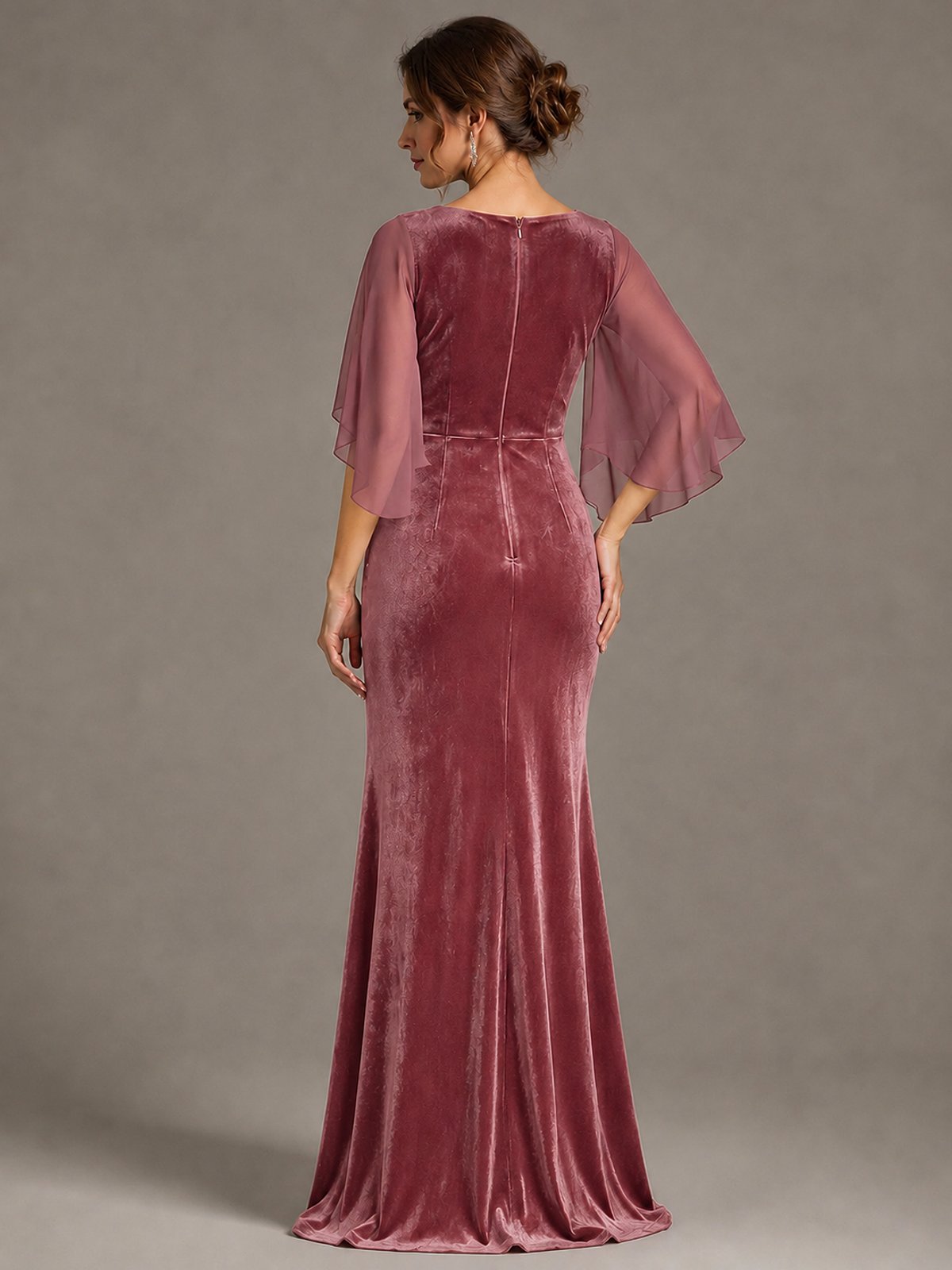 Navy Blue Velvet V Neck Mermaid Formal Dress with Flutter Cape Sleeves