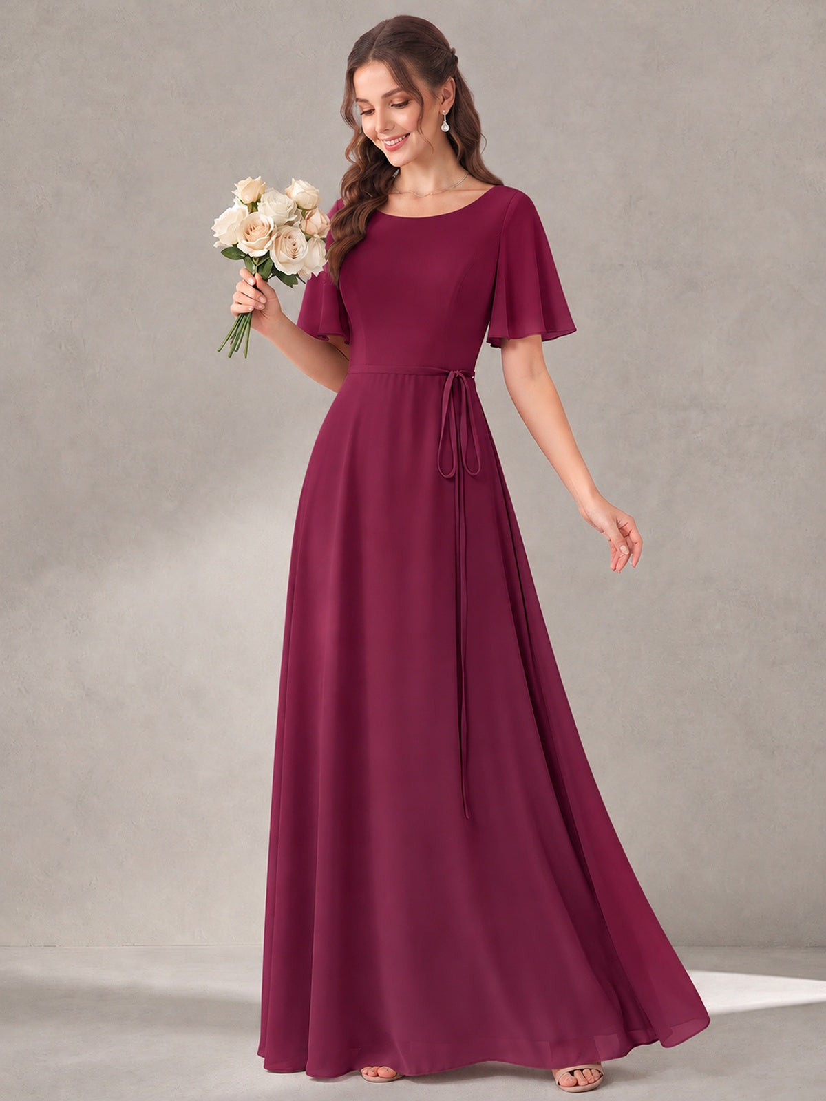 Scoop Neck A-line Chiffon Bridesmaid Dress with Flutter Sleeve & Belt