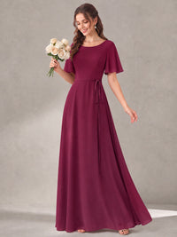 Scoop Neck A-line Chiffon Bridesmaid Dress with Flutter Sleeve & Belt