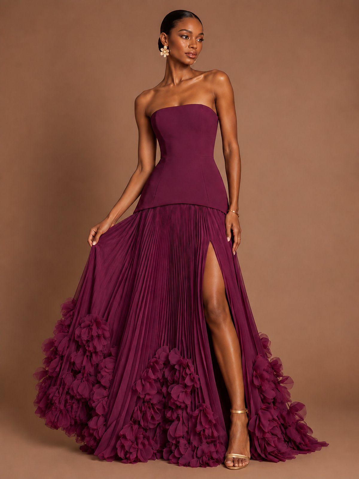 Strapless Pleated Floral Satin Formal Dress with Side Slit