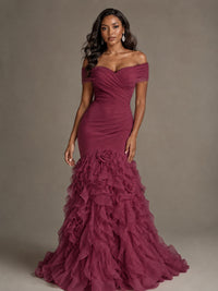 Pink Off-the-Shoulder Mermaid Prom Dress with Ruffles 3D Flowers