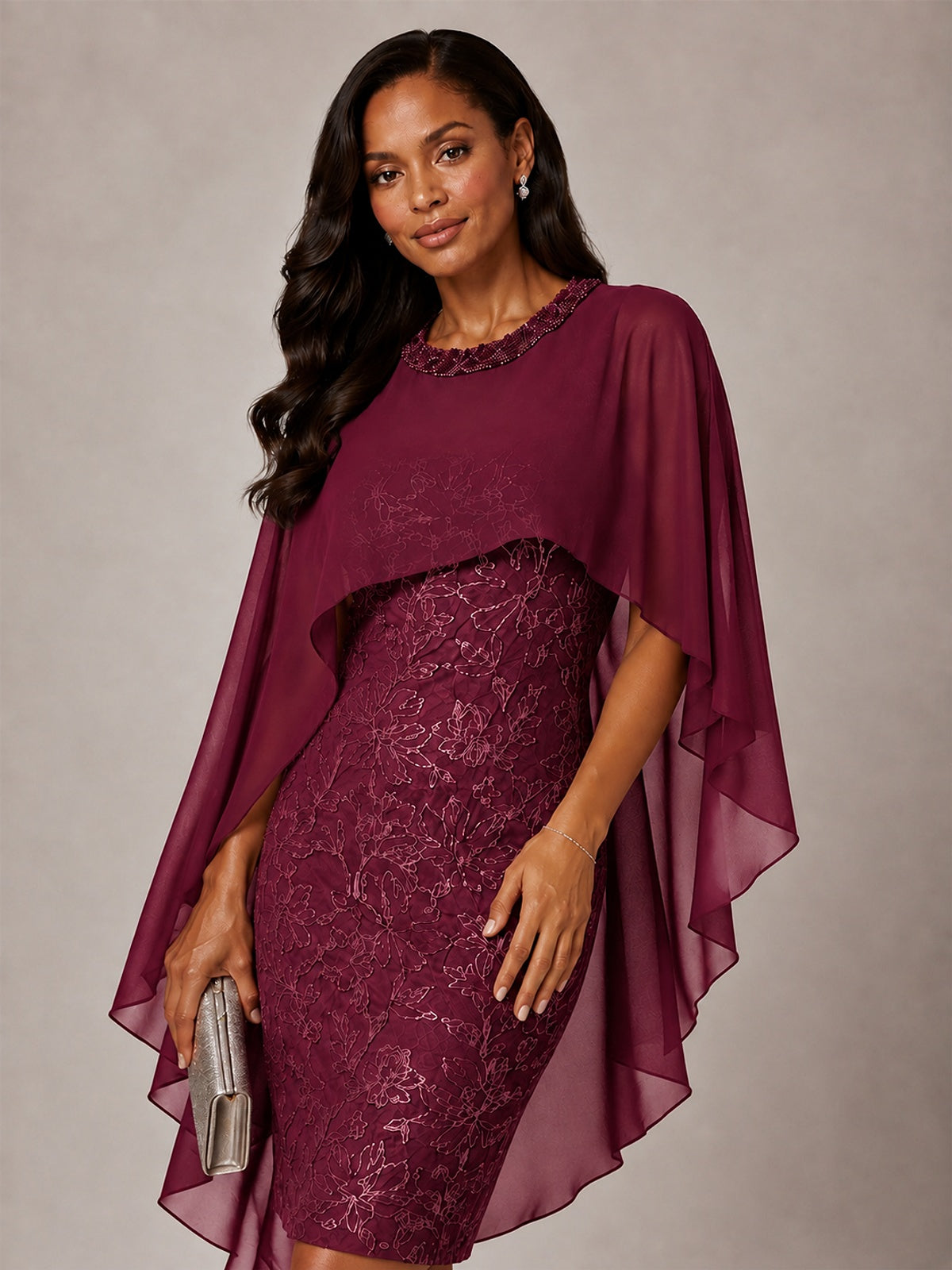 Floral Sheath Mother of the Bride Dress with Cape Overlay