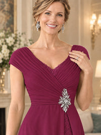 Pleated Chiffon Lace Mother of The Bride Dresses with Beading Cap Sleeves