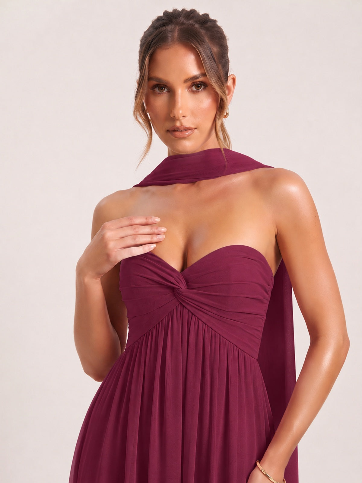 Strapless Ruched Chiffon Long Prom Dress with Scarf