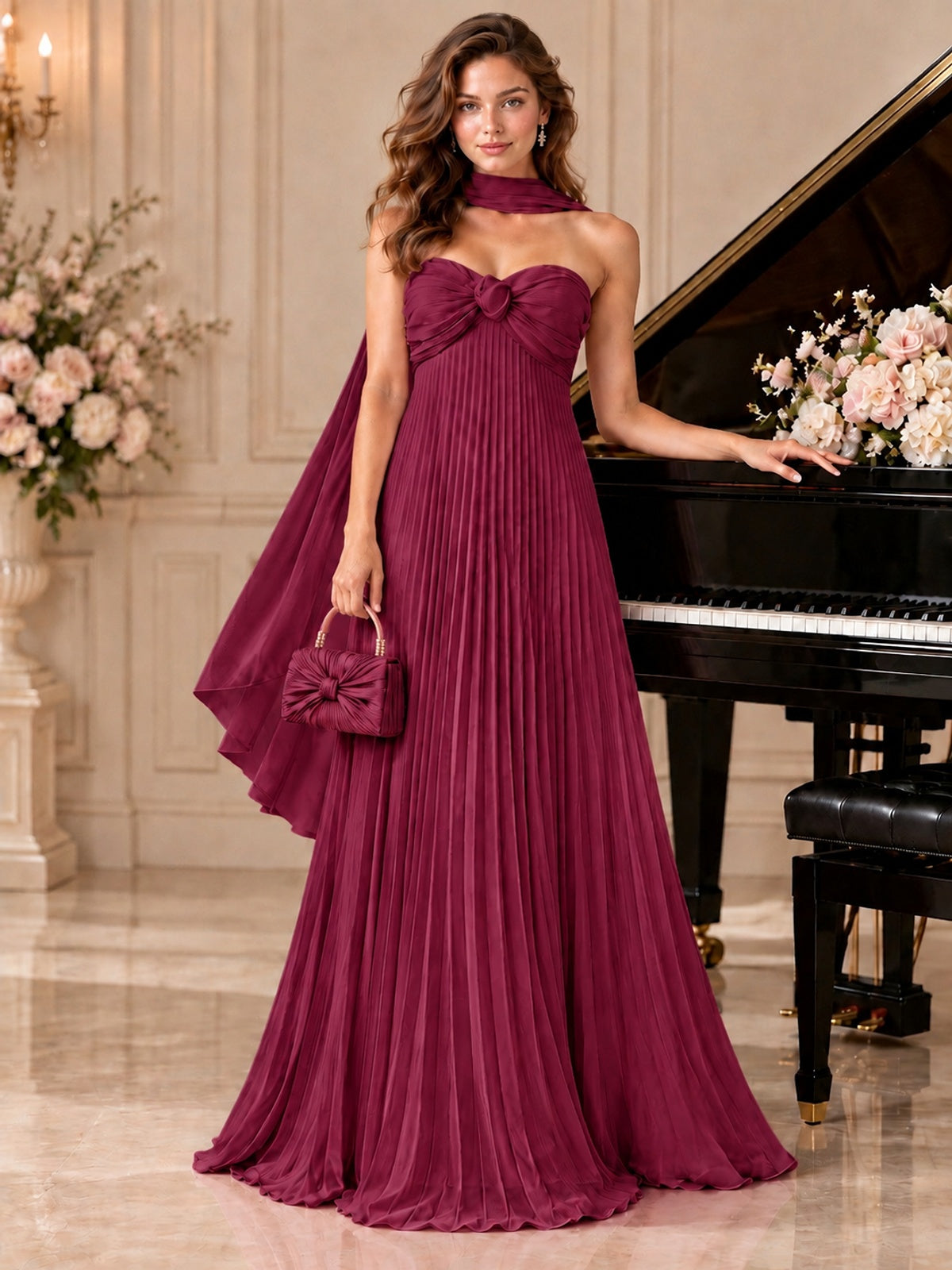 Sweetheart Neckline Pleated Prom Dress Strapless A-line Formal Dress with Flowy Scarf