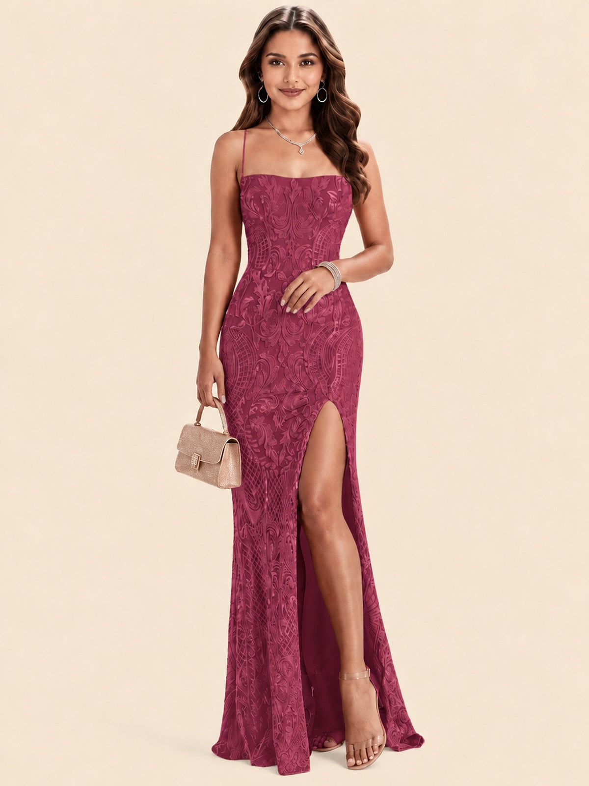 Sequin Lace Appliques Mermaid Prom Dress Spaghetti Strap Formal Gowns with Slit