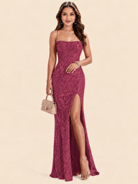 Sequin Lace Appliques Mermaid Prom Dress Spaghetti Strap Formal Gowns with Slit