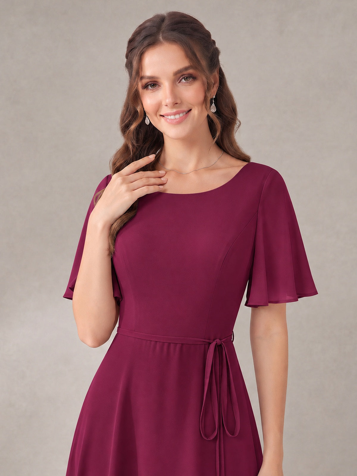 Scoop Neck A-line Chiffon Bridesmaid Dress with Flutter Sleeve & Belt