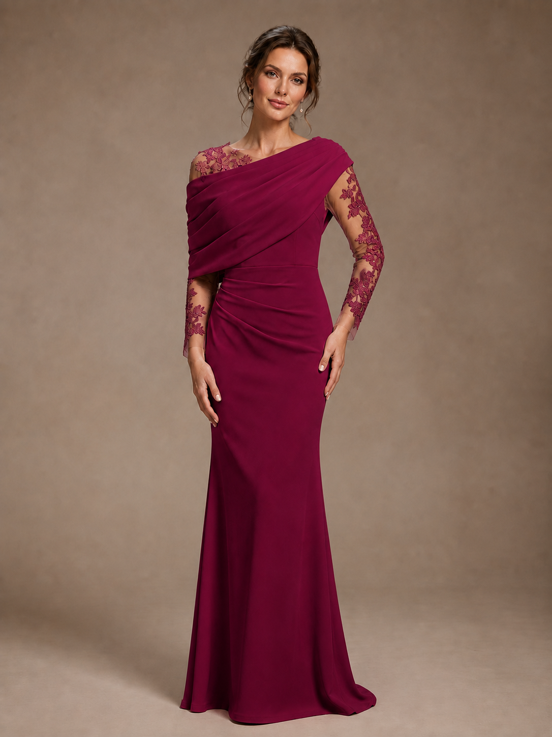 Dusty Rose Illusion Long Sleeve Chiffon Applique Mother of The Bride Dress