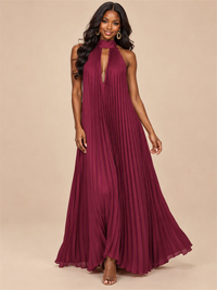 Rust Orange Pleated Halter Neck Maxi Dress