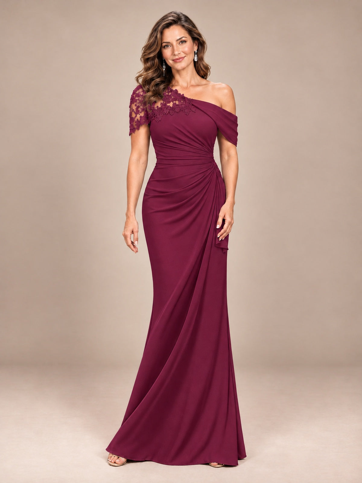 Desert Rose-Lace One Shoulder Chiffon Ruched Mother of The Bride Dresses
