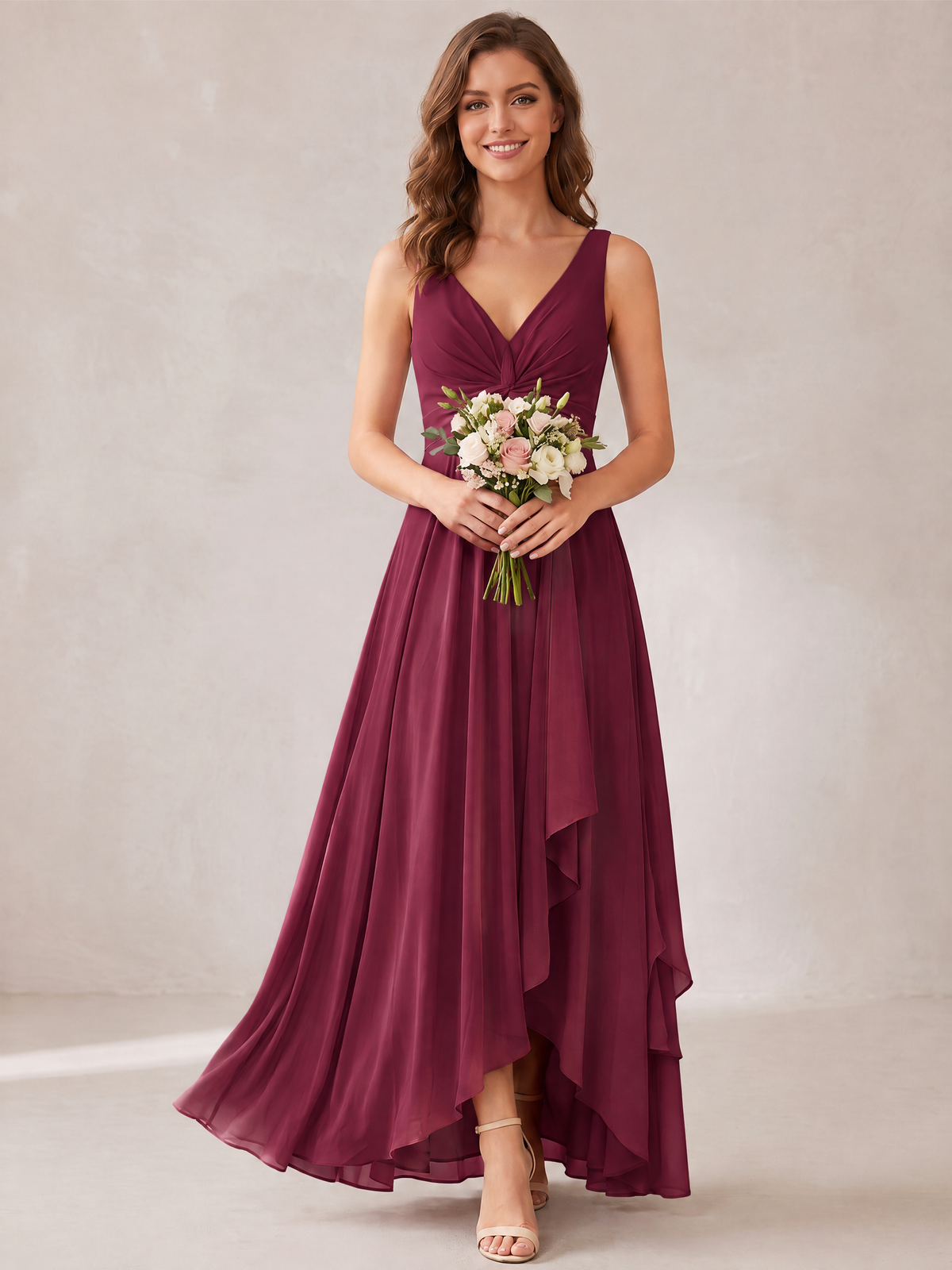 V-Neck High-Low Chiffon Bridesmaid Dress with Ruffles