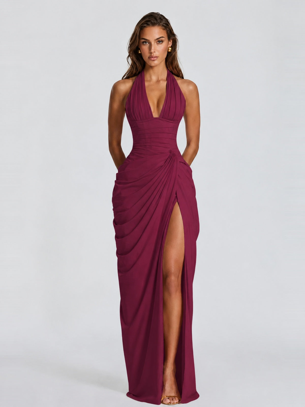 Ruched Halter Neck High-Slit Prom & Evening Dress