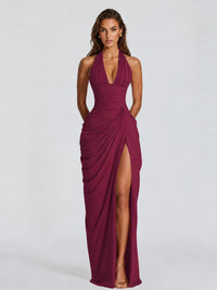 Ruched Halter Neck High-Slit Prom & Evening Dress