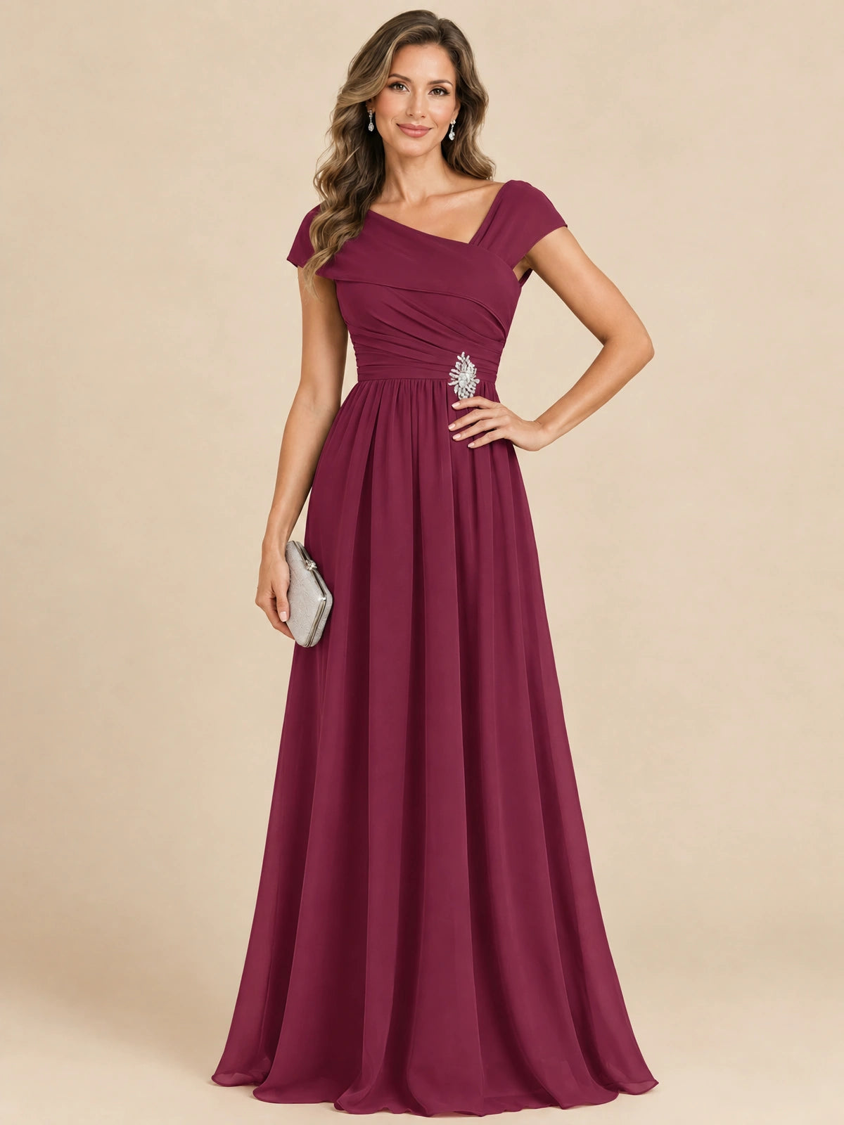 Cap Sleeve Mother of The Bride Dresses Long Chiffon Formal Gowns