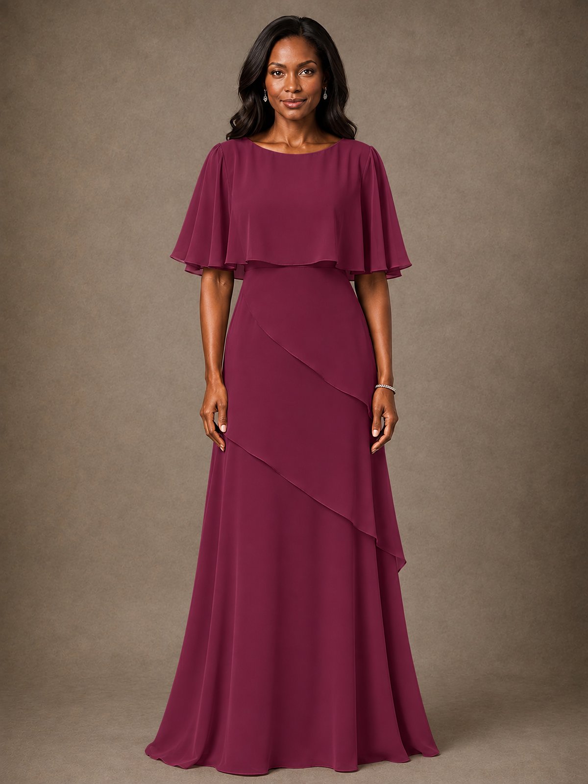 Taupe Chiffon A-Line Mother of the Bride Dress with Cape Sleeves